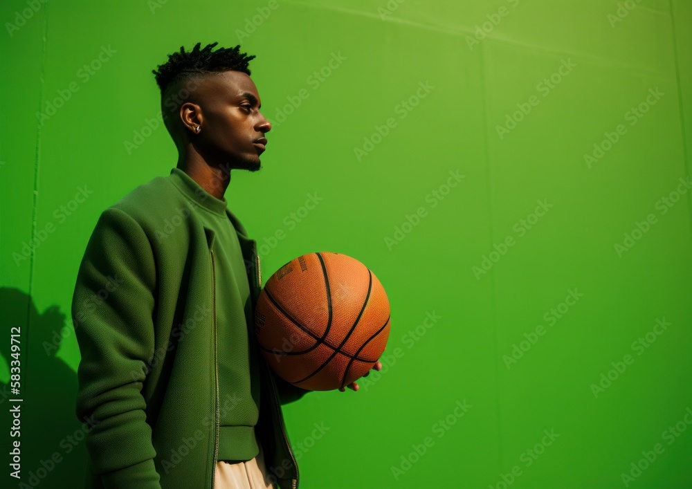 A young man standing confidently in front of a green wall with a basketball in his hands. Generative AI. A young man standing confidently in front of a green wall with a basketball in his hands. Generative AI.