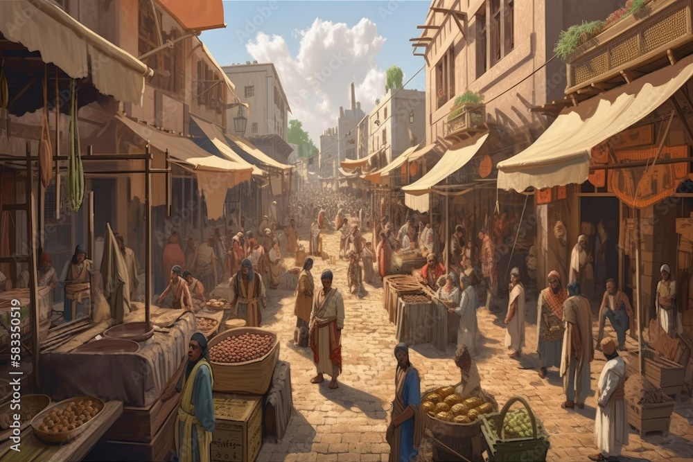 ancient egypt street market landscape illustration, ai generated