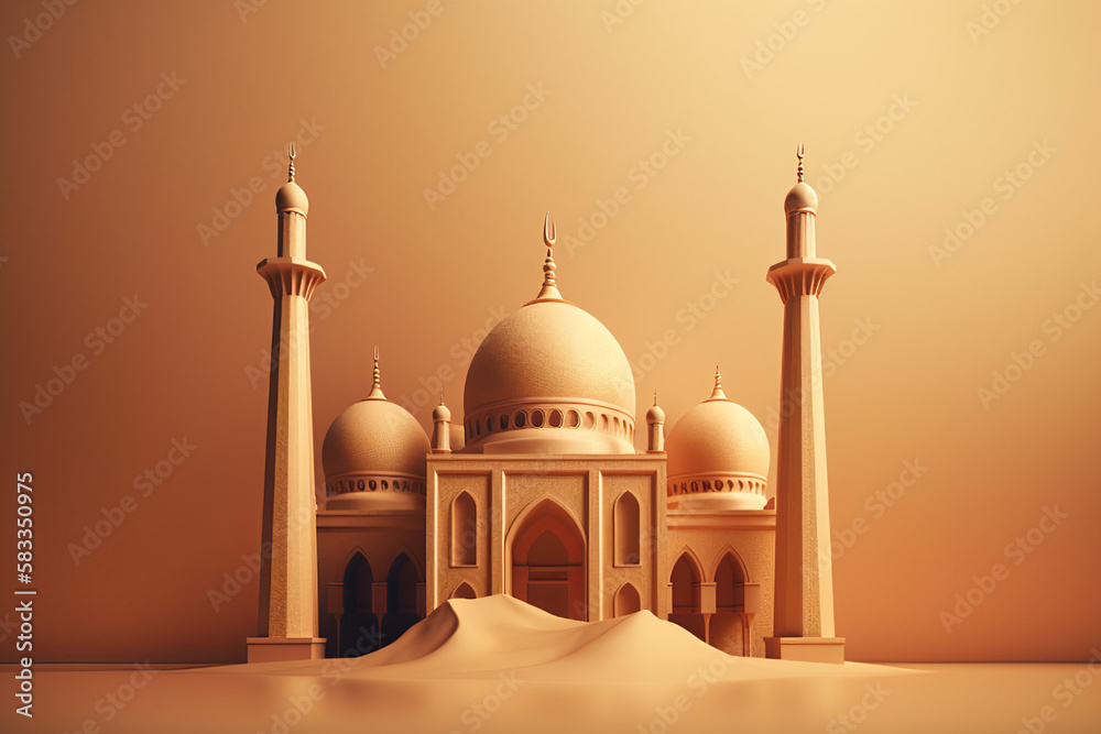 Islamic Mosque With Light Golden Color Plan Background, Ramdan Kareem, Isolated Background, Generative AI