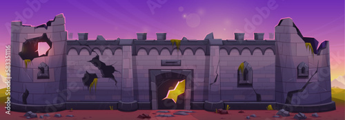 Broken medieval castle stone wall cartoon background. Fortress masonry tower building ruin vector game level illustration. Loophole in citadel door. Abandoned ancient kingdom exterior on sunrise.