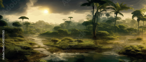 African rainforest. African jungle rainforest panorama with tropical vegetation, exotic fantasy landscape banner vector illustration. african savannah photo