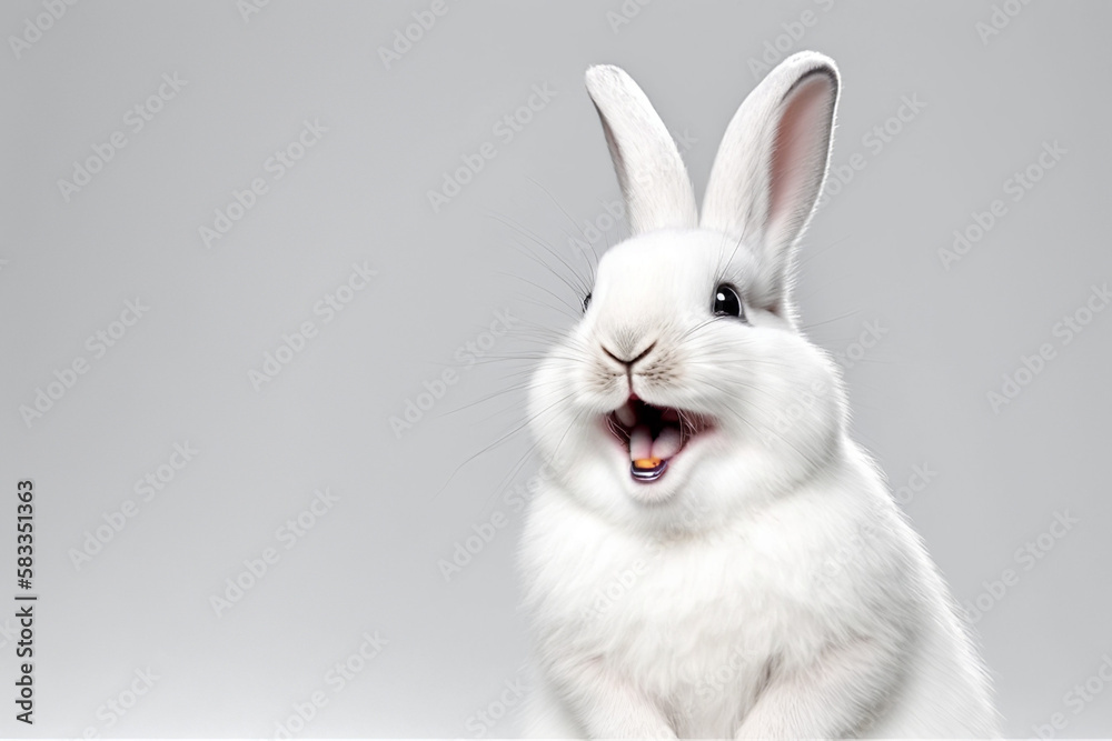 Cute Animal Pet Rabbit Or Bunny White Color Smiling And Laughing Isolated With Copy Space For Easter Background, Generative Ai