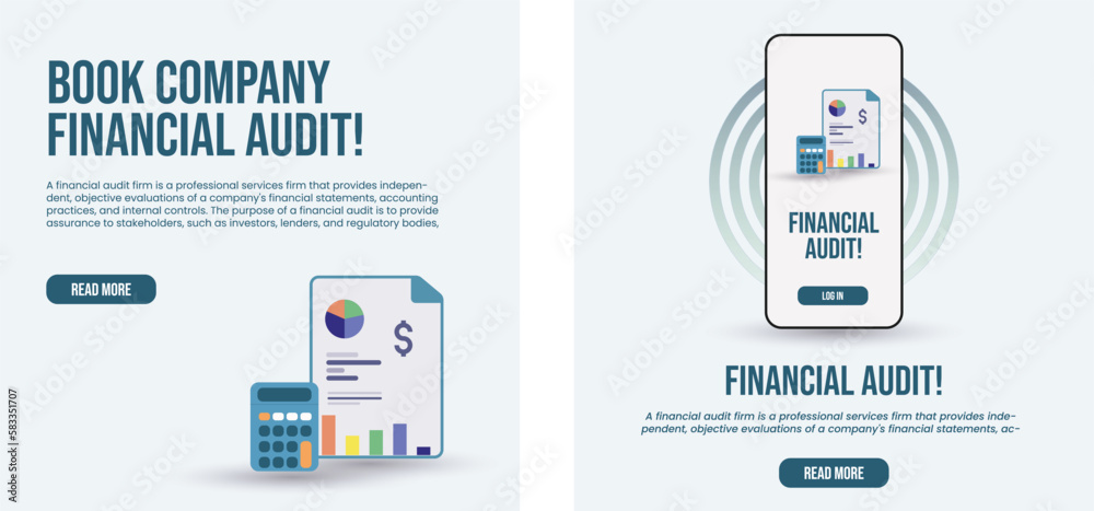 Financial Audit. Financial Audit social media post mobile app. Financial audit business concept with mobile app and calculator. Two Auditing concepts. Tax process, accounting, finance analysis.