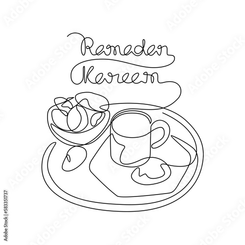 Wallpaper Mural One continuous line drawing of food in plates and one glass drink for iftar ramadan. arabian food in simple linear style. food for  iftar ramadan celebration design concept. Vector illustration Torontodigital.ca