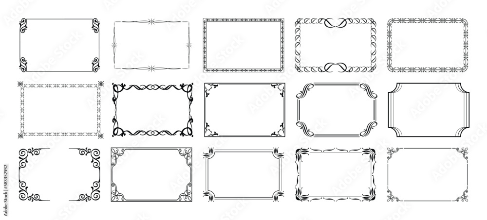 Vettoriale Stock Decorative frames. Retro ornamental frame, vintage  rectangle ornaments and ornate border. Decorative wedding frames, antique  museum picture borders or deco devider. Isolated icons vector set | Adobe  Stock