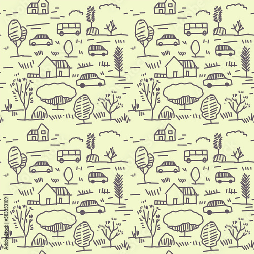 seamless pattern car and tree doodle hand drawn