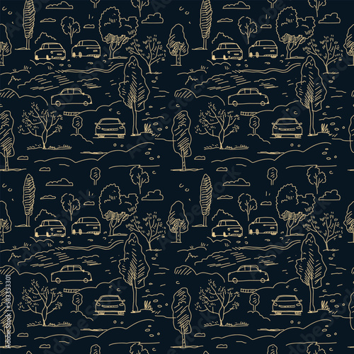 seamless pattern car and tree doodle hand drawn