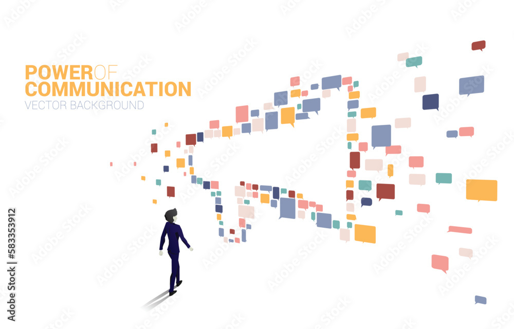Silhouette of businessman walking with Big Megaphone from small bubble speech icon. Concept for power of comment and communication. Silhouette of businessman walking with Big Megaphone from small bubble speech icon. Concept for power of comment and communication.