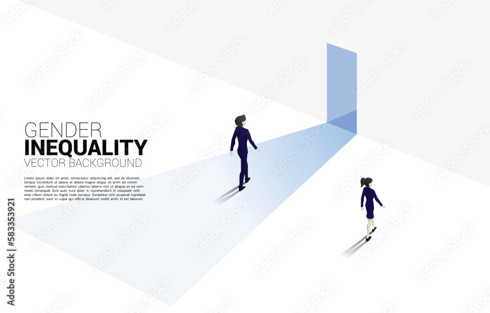 Businessman and businesswoman at the wall and the only man with the exit door.Concept of gender inequality in business and obstacle in woman career path Businessman and businesswoman at the wall and the only man with the exit door.Concept of gender inequality in business and obstacle in woman career path