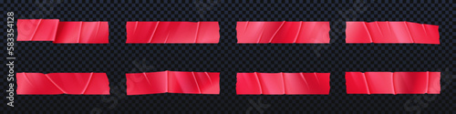 Red adhesive tape pieces isolated on transparent background. Sticky paper strips, scotch strips with wrinkles. Torn glue band, rectangle stickers, vector realistic set