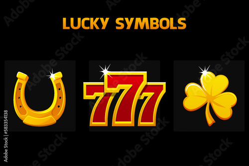 Lucky symbols - seven, clover and horseshoe. Golden icons for slots and casino game