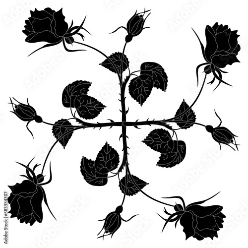 Square floral ornament with rosebuds. Rectangular decorative pattern with blooming rose branches. Black and white silhouette.
