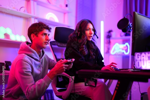 Asian pretty player girl and Caucasian streamer boy pay attention about playing video game together after dinner in the entertainment room photo