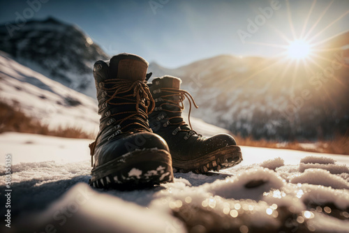 Pair of hiking boots on snow, blur winter landscape background. Generative AI 