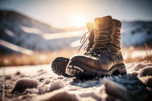 Pair of hiking boots on snow, blur winter landscape background. Generative AI 