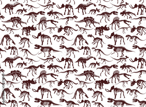 The seamless blue background with dinosaur skeletons.
