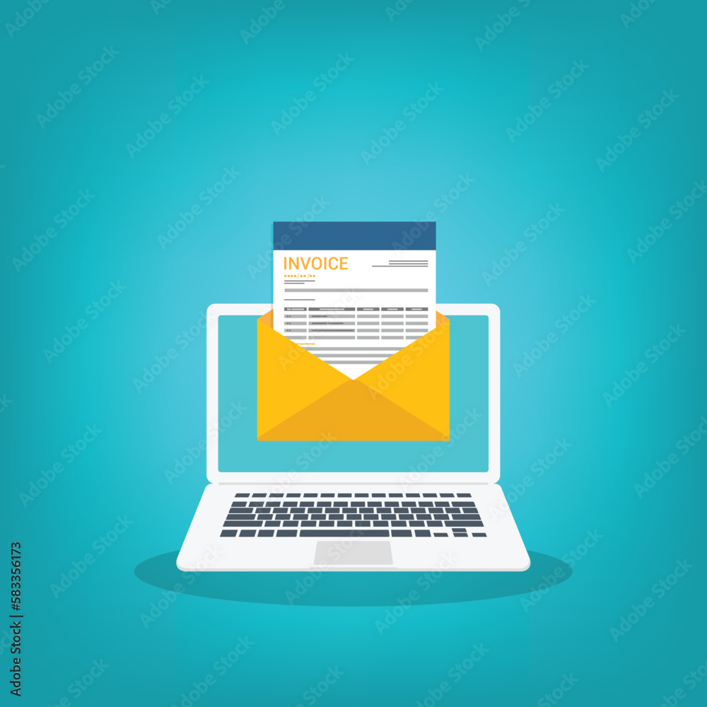 Invoice in an open envelope on a laptop computer. Payment and invoicing document, business or financial operations. Invoice in an open envelope on a laptop computer. Payment and invoicing document, business or financial operations.