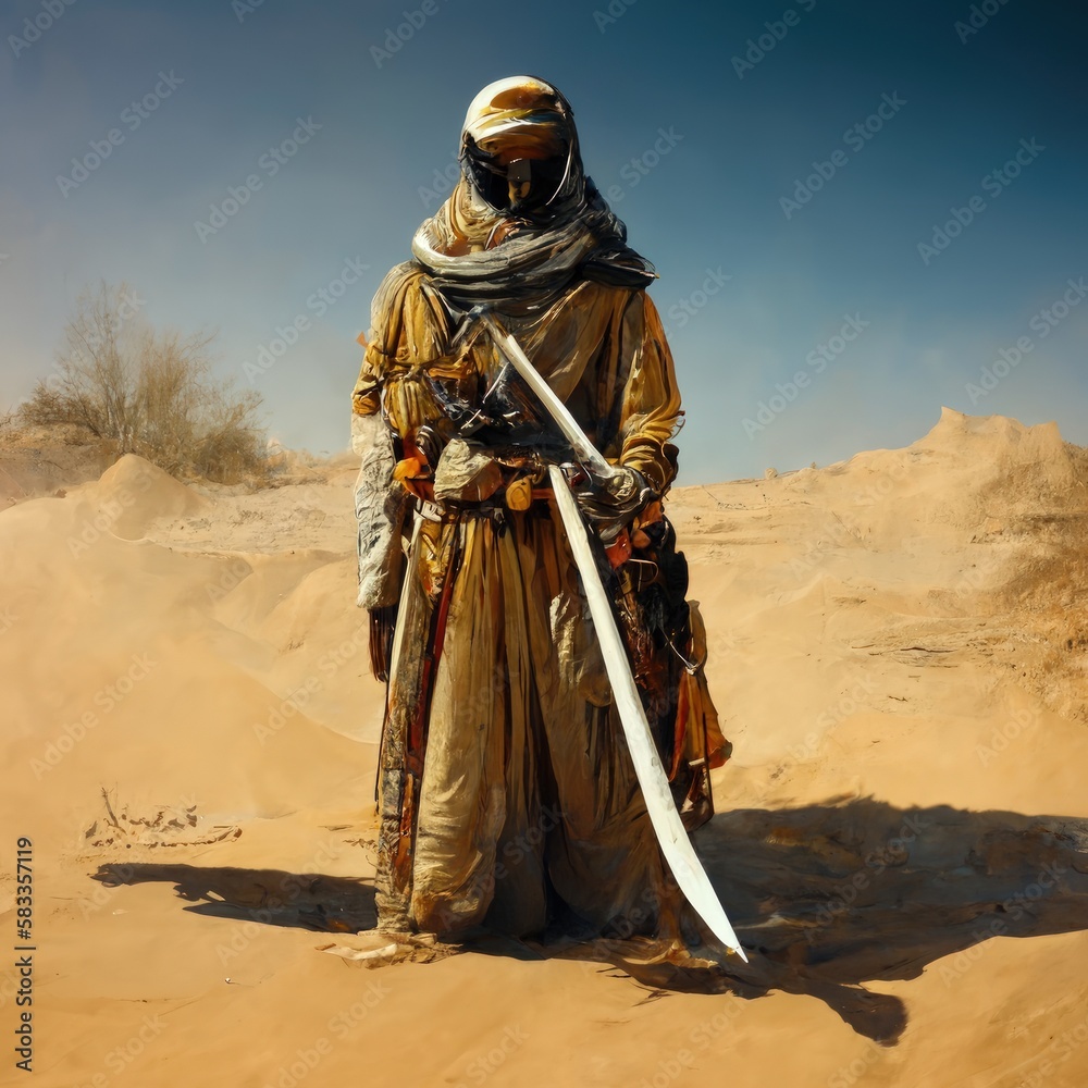 This image features an arab warrior with a sword in the desert sand ...