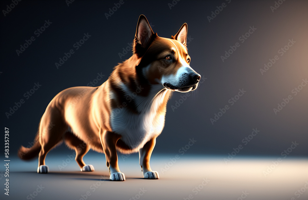 Illustration of a sitting brown and white dog on a wooden floor created with Generative AI technology