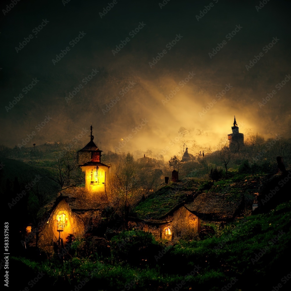 The village is dark and mysterious, with a lamp on a hilltop. Generate Ai The village is dark and mysterious, with a lamp on a hilltop. Generate Ai