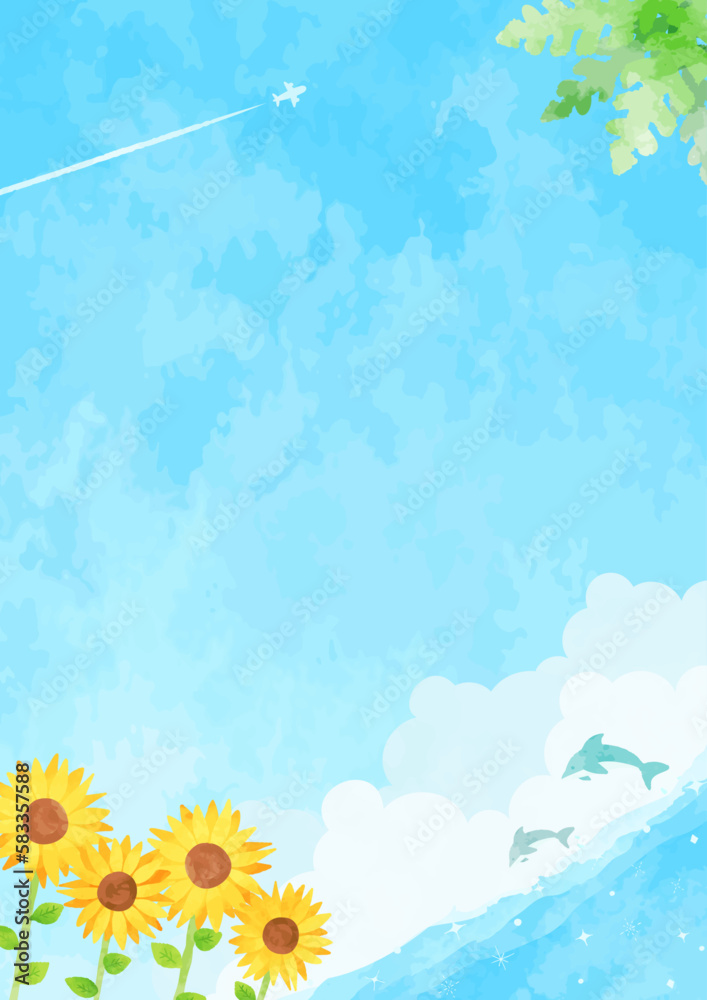 青い海と空とヒマワリの背景イラスト 青い海と空とヒマワリの背景イラスト