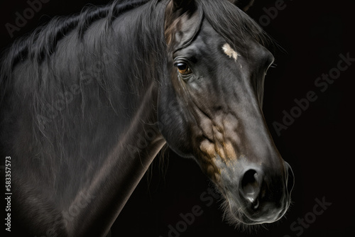 Portrait of a black horse isolated on black background. Generative AI