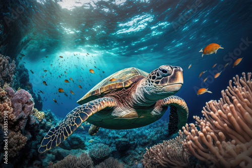 a turtle swims in the clean clear water. beautiful underwater world. Generative AI © jr-art