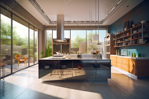 Kitchen in new luxury home with modern interior large bright window. Generative AI © aapsky