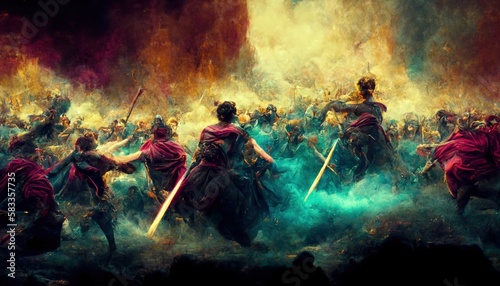 In this image, the heroes at the bottom are struggling to survive while the Olympian Gods at high ground seem unaffected by the storm. Generate Ai