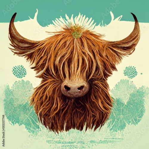 This illustration features a cute Highland cow pattern. Generate Ai