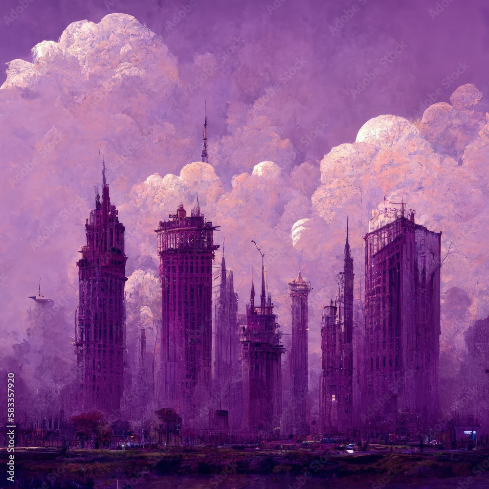 Fototapeta premium A world of purple buildings is seen in this image. Generate Ai