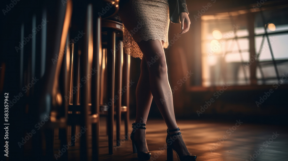 Beautiful long legs with high heels of a woman wearing short skirt in silhouette. Generative AI.