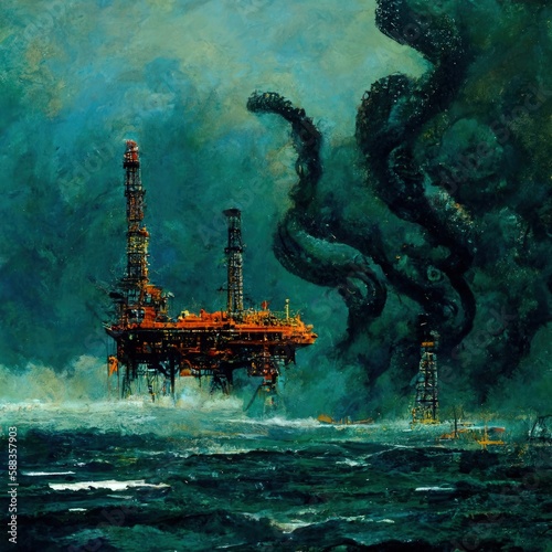An oil platform is attacked by a giant sea creature in a painting by the artist Matt Ruff. Generate Ai