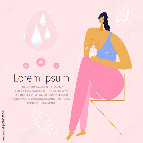 The woman is expressing breast milk for newborn babes by using  breast pump. They have  got a lot of milk and good lactation. The illustration good  for medical social media post, stories.