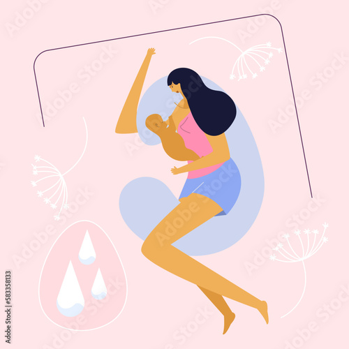 The woman is breastfeeding newborn babes. She lies in soft comfortably bed and nursing pillow. She has a lot of milk and good lactation. The illustration good on  social media or medical poster.