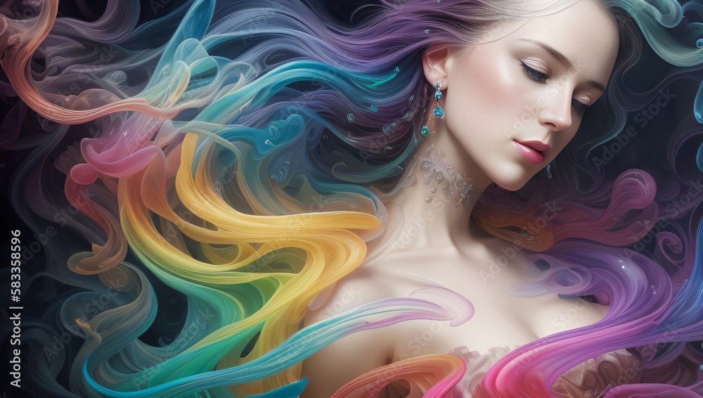 Beautiful Woman Long Flowing Pink Blue Red Yellow Hair Ethereal Smokey Background Wallpaper Generative AI Illustration