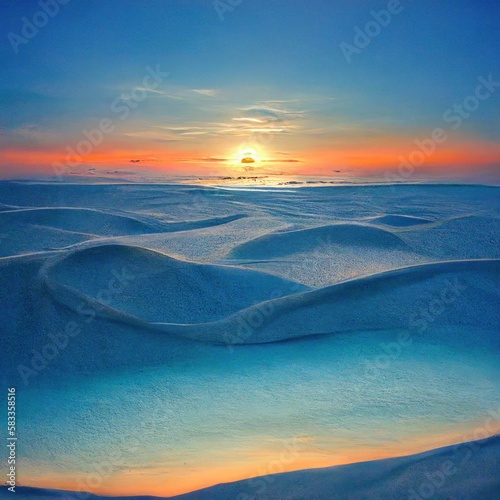 A beautiful sunset is seen in a white sand beach with blue sky. Generate Ai