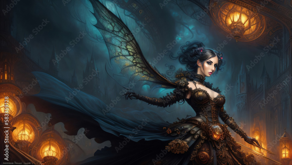 Steampunk Dark Fantasy Fairy Fantasy Matte Painting Illustrated Background Wallpaper Generative AI Illustration