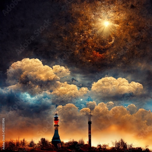This is a bird's eye view of a cloudy sky with a sky chimney in the distance. Generate Ai