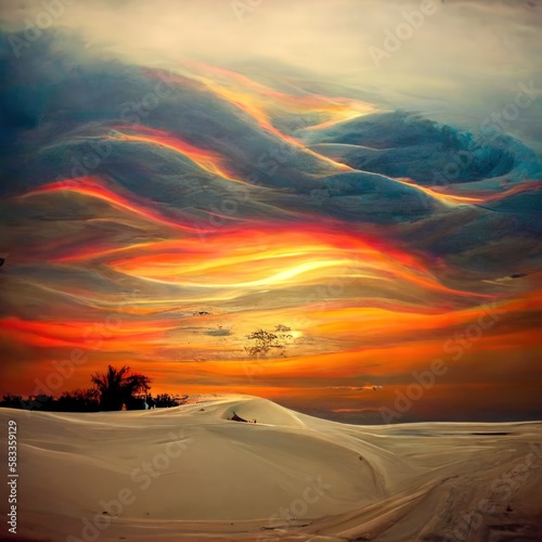 The sky is a beautiful orange color and the sun is setting behind the horizon. Generate Ai
