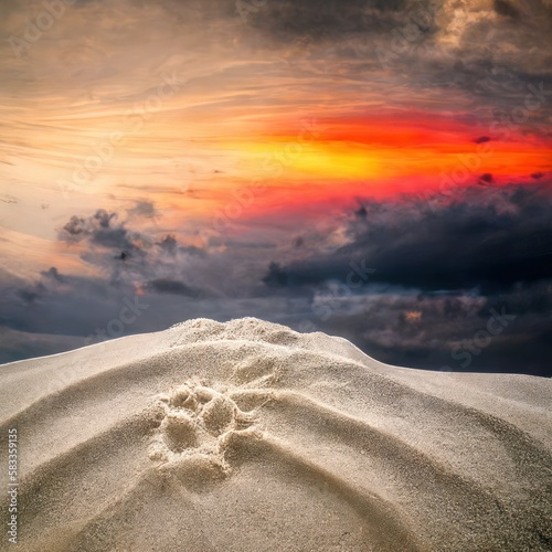 The sky is a beautiful orange color as the sun sets behind the white sand beaches. Generate Ai