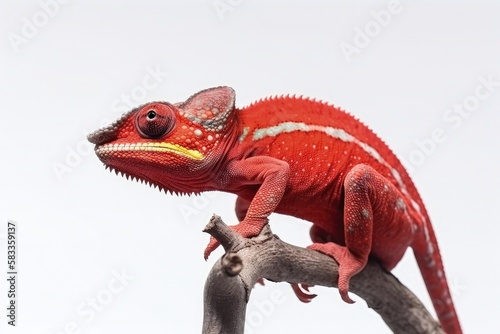 Macro closeup of isolated chameleon reptile sitting on branch, white studio lighting background, exotic lizard, nature wildlife, detailed skin texture - generative ai © SoulMyst