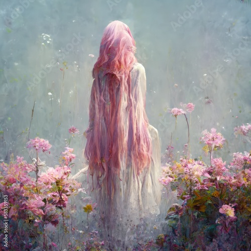 This is a surreal thin girl with long light pink hair with a pink heart in her hair. Generate Ai