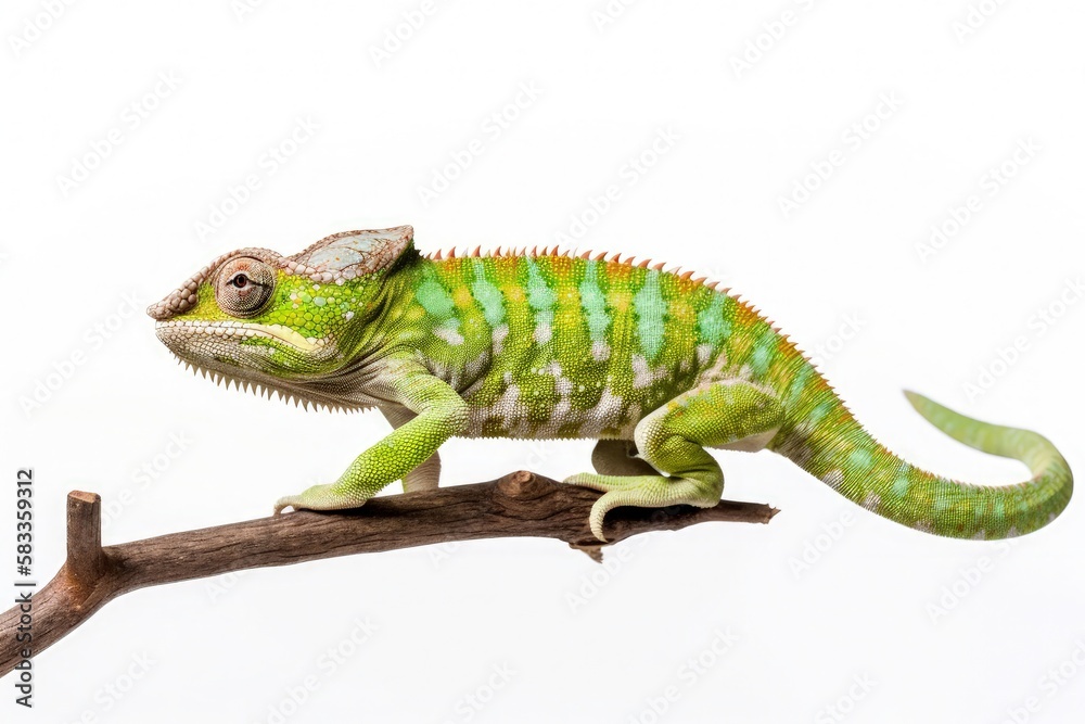 Macro closeup of isolated chameleon reptile sitting on branch, white studio lighting background, exotic lizard, nature wildlife, detailed skin texture - generative ai Macro closeup of isolated chameleon reptile sitting on branch, white studio lighting background, exotic lizard, nature wildlife, detailed skin texture - generative ai