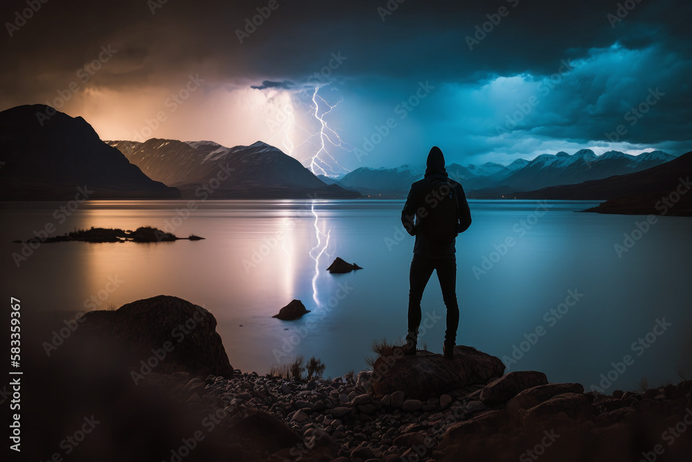 Photorealistic ai artwork of a person silhouetted against a lightning strike in the distance on a stormy night in the lakes and mountains. Generative ai.