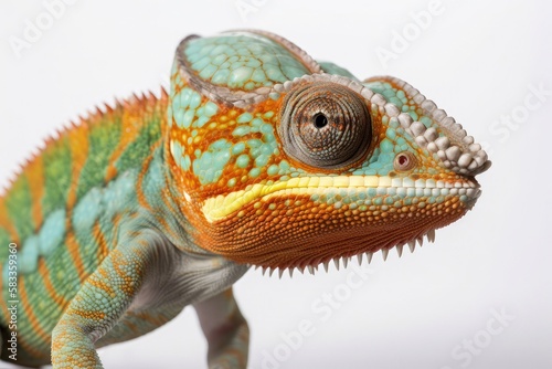 Macro closeup of isolated chameleon reptile, white studio lighting background, exotic lizard, nature wildlife, detailed skin texture - generative ai