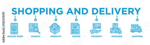 Shopping and delivery banner web icon vector illustration concept with icon of online shop, search, product, order, payment, shipping