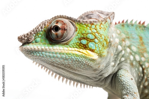 Macro closeup of isolated chameleon reptile  white studio lighting background  exotic lizard  nature wildlife  detailed skin texture - generative ai