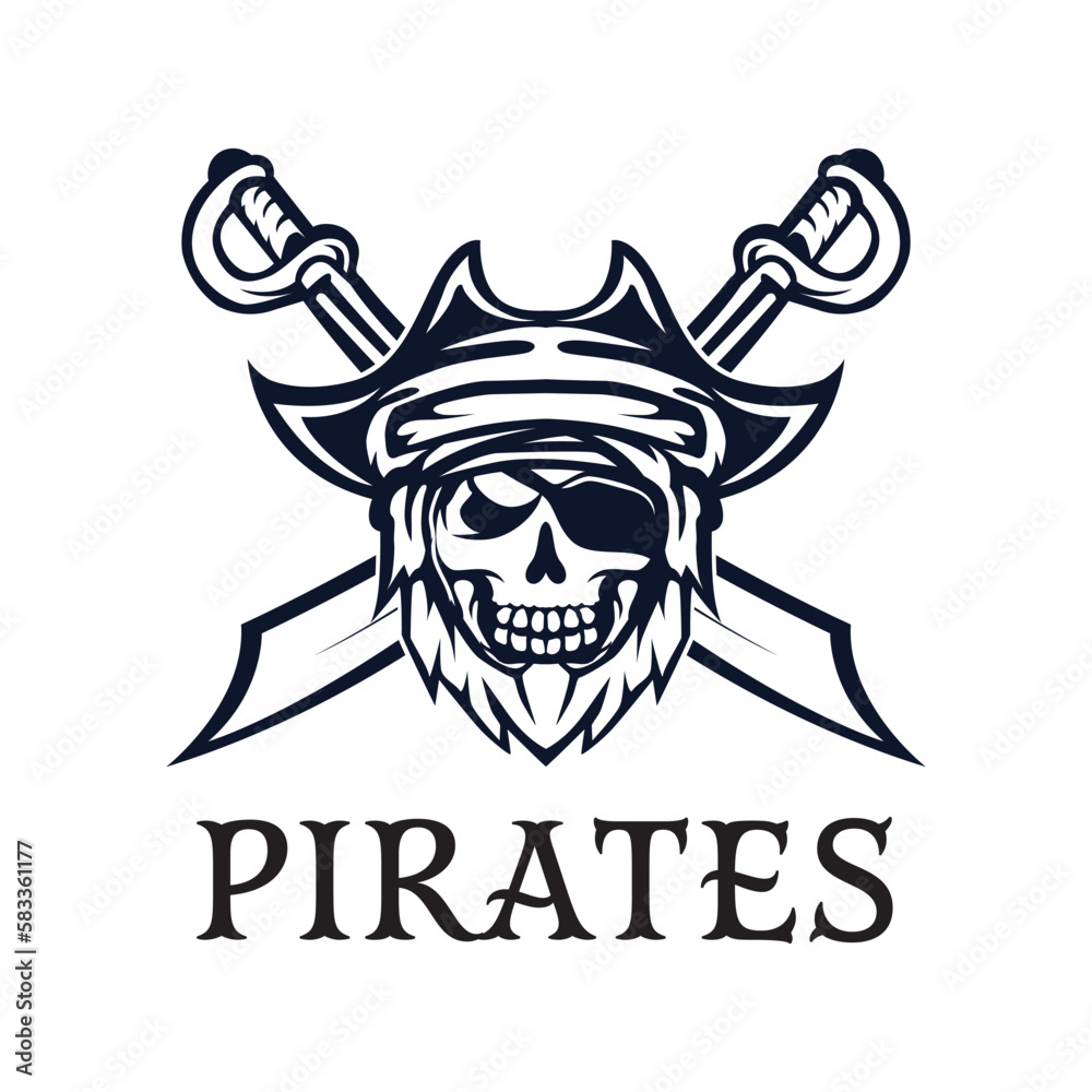 Skull pirates logo with retro style monochrome design.