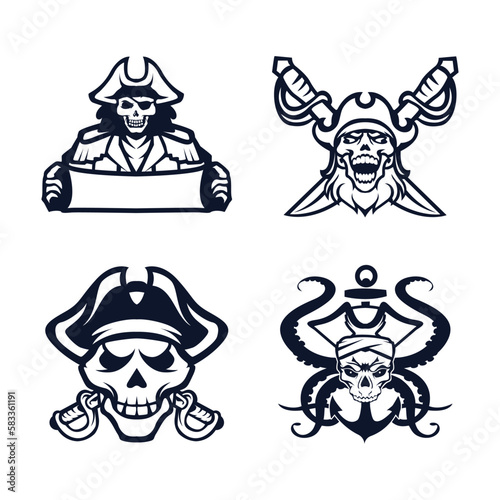 Skull pirates logo with retro style monochrome design.